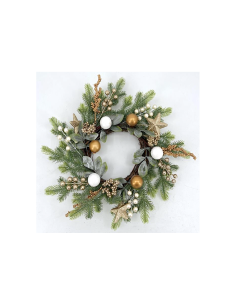 Corona di Natale con aghi e bacche 45cm bianco e oro - La magia di Natale a casa tua