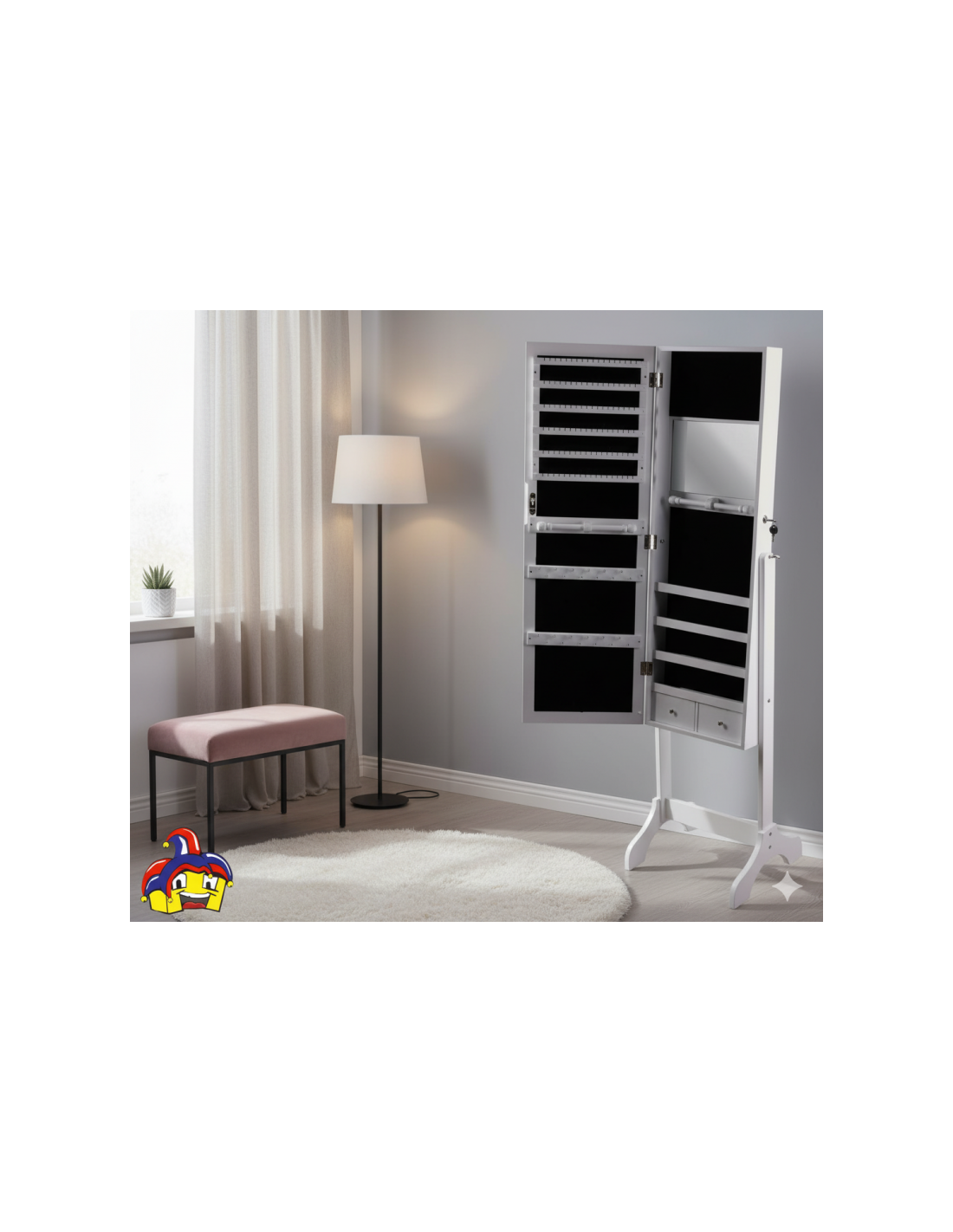 Armadietto Portagioielli in Legno con Specchio, MDF Bianco 46x40x153 cm