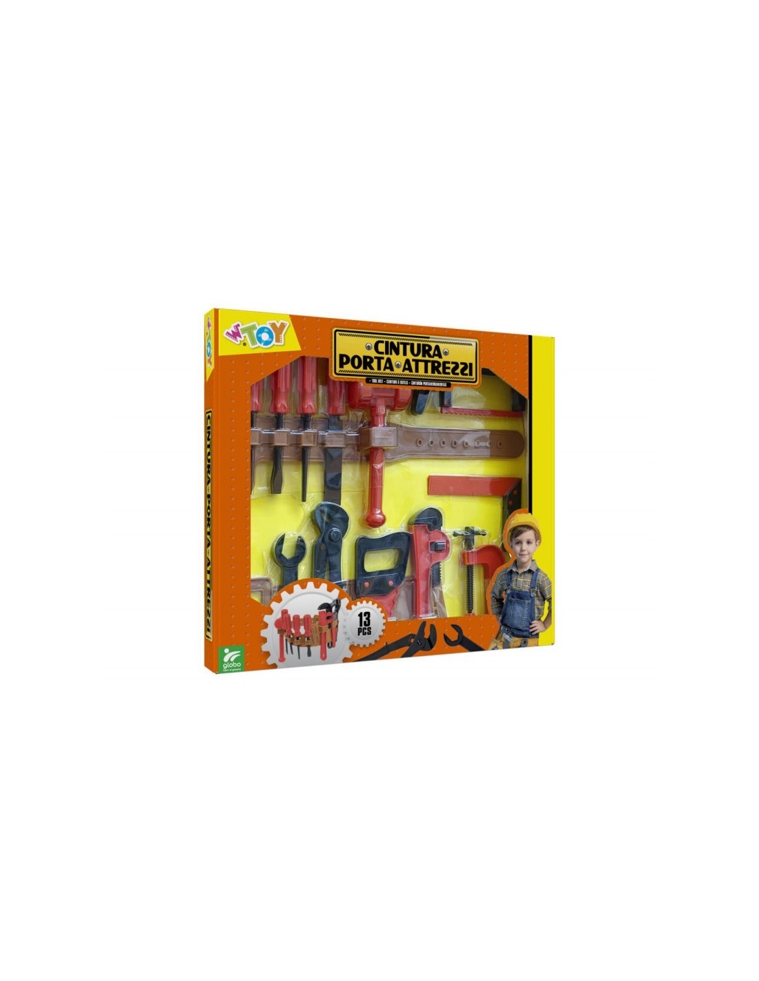 CINTURA ATTREZZI, SET 13 PEZZI, GIOCO LAVORO BAMBINI, CINTURA REGOLABILE, PLASTICA RESISTENTE, GLOBO WTOY 41695, 3+ ANNI
