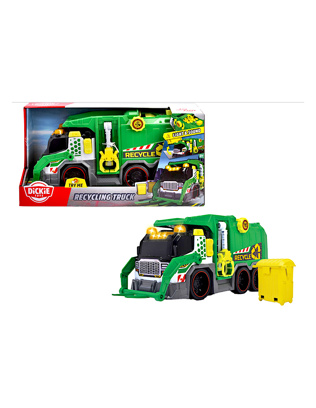 CAMION ECOLOGICO  38CM LUCI E SUONI 203307001 RACCOLTA RIFIUTI, BRACCIO SOLLEVAMENTO, LUCI E SUONI, CAMION SPAZZATURA REALISTICO