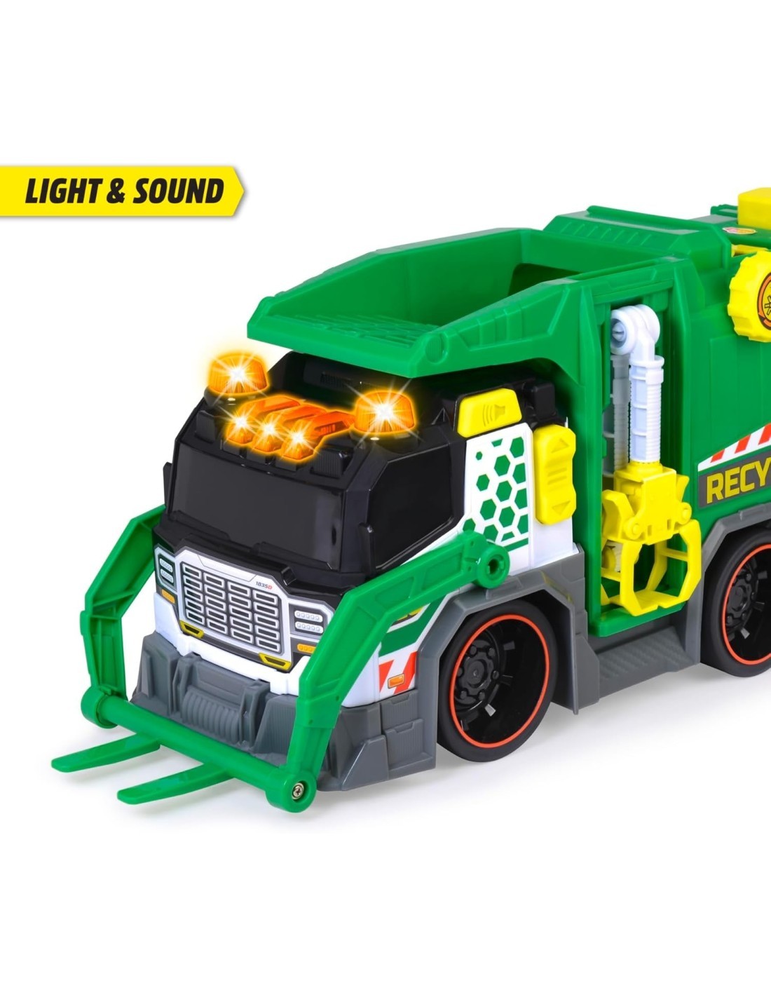 CAMION ECOLOGICO  38CM LUCI E SUONI 203307001 RACCOLTA RIFIUTI, BRACCIO SOLLEVAMENTO, LUCI E SUONI, CAMION SPAZZATURA REALISTICO