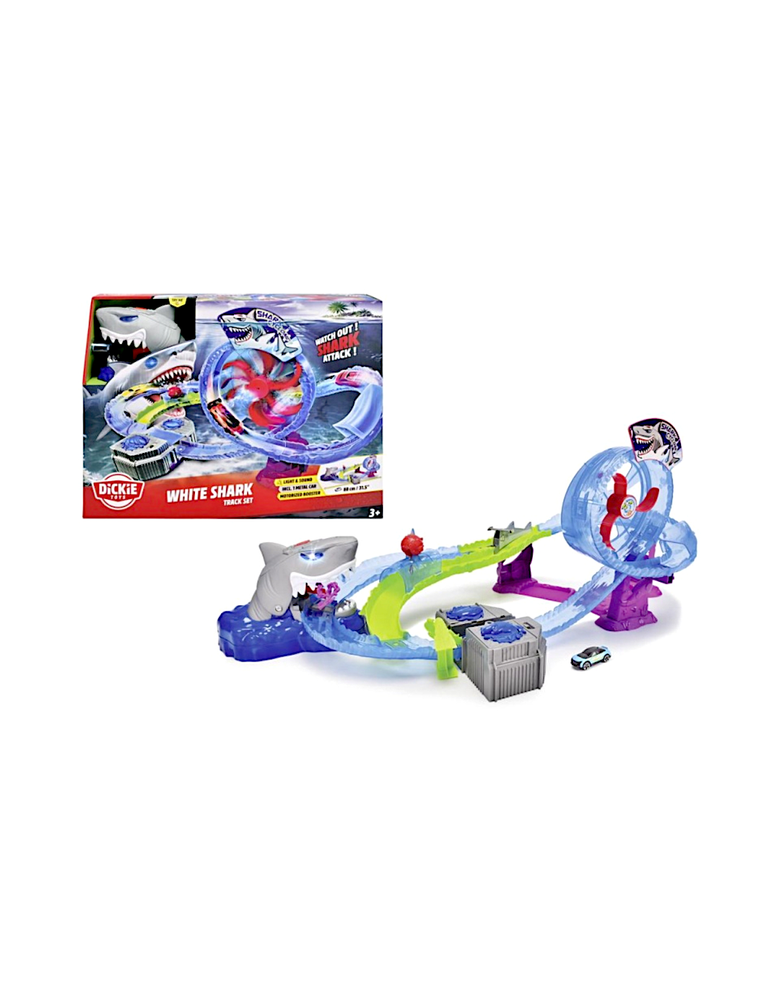 PISTA DA CORSA WHITE SHARK, AUTO GIOCATTOLO IN METALLO, LUCI E SUONI, +3 ANNI