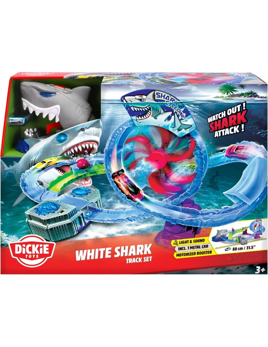 PISTA DA CORSA WHITE SHARK, AUTO GIOCATTOLO IN METALLO, LUCI E SUONI, +3 ANNI