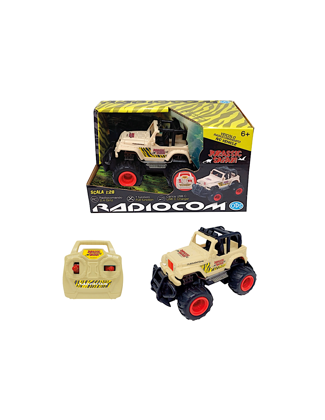 JEEP JURASSIC SAFARI SCALA 1:28 RADIOCOMANDATA RADIOCOM , GIOCATTOLO BAMBINI 6+ ANNI
