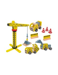 SET CANTIERE IN LEGNO, MINI VEICOLI DA LAVORO, GRU CON GANCIO, 25X35 CM 2