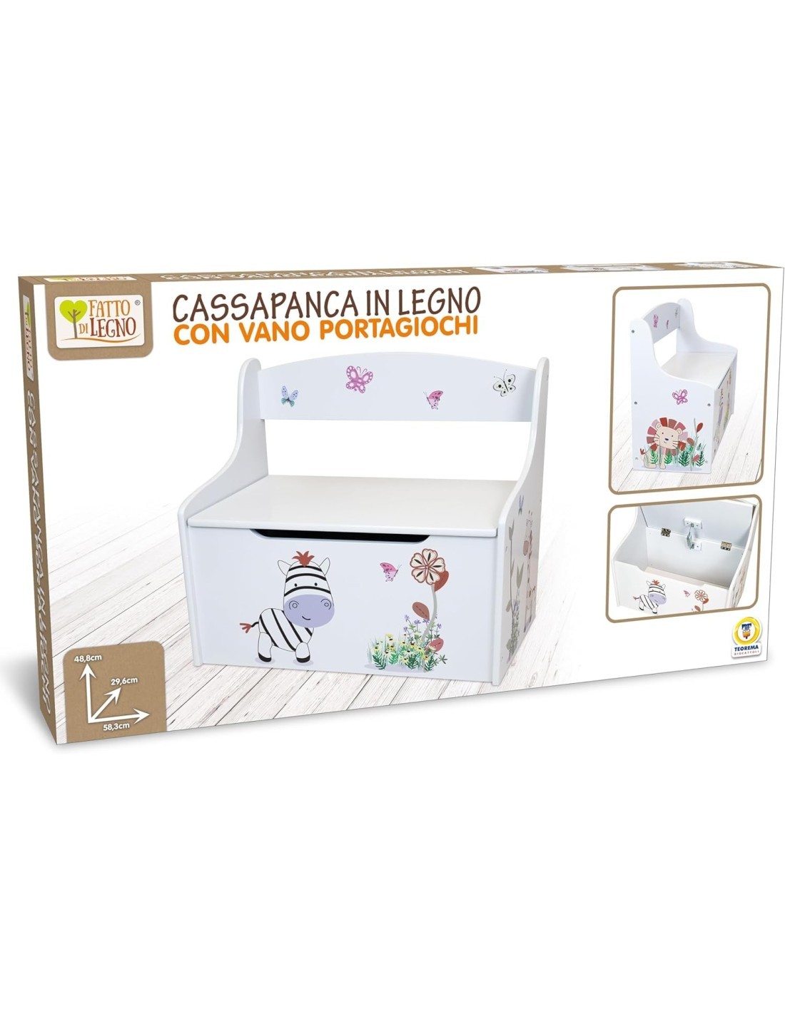 CASSAPANCA PORTA GIOCHI BAMBINI, PANCA CONTENITORE 2 IN 1, BAULE IN LEGNO, COPERCHIO SICURO, DESIGN ANIMALI