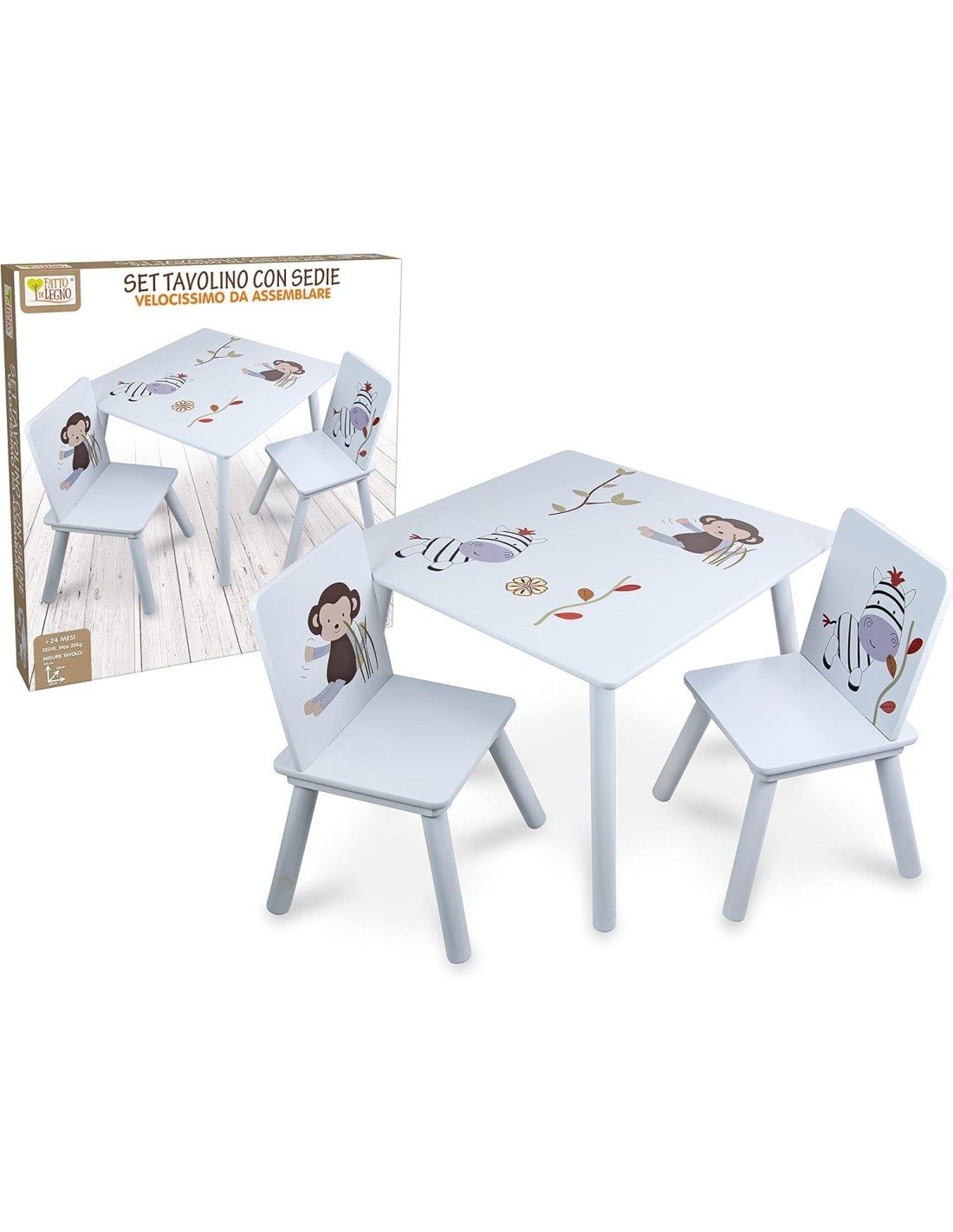 TAVOLINO CON 2 SEDIE IN LEGNO, BAMBINI, 59X59X45 CM, SEDIE MAX 25 KG, DISEGNI ANIMALI, FATTO DI LEGNO 40646