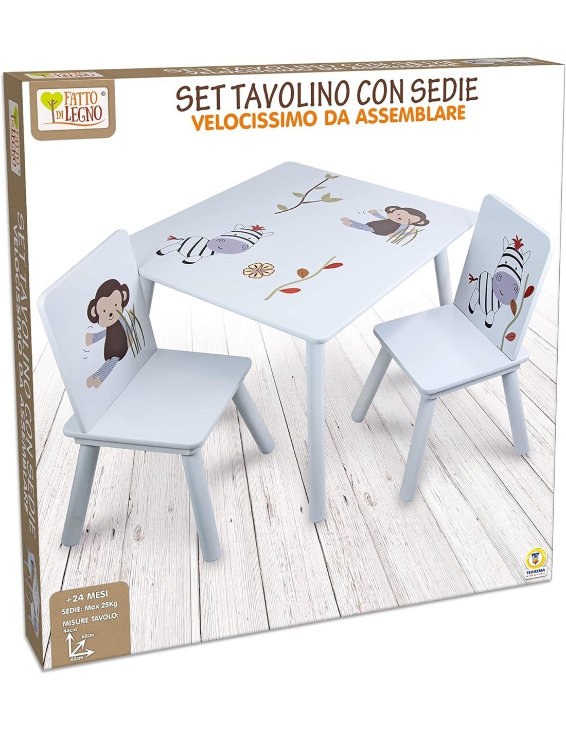 TAVOLINO CON 2 SEDIE IN LEGNO, BAMBINI, 59X59X45 CM, SEDIE MAX 25 KG, DISEGNI ANIMALI, FATTO DI LEGNO 40646