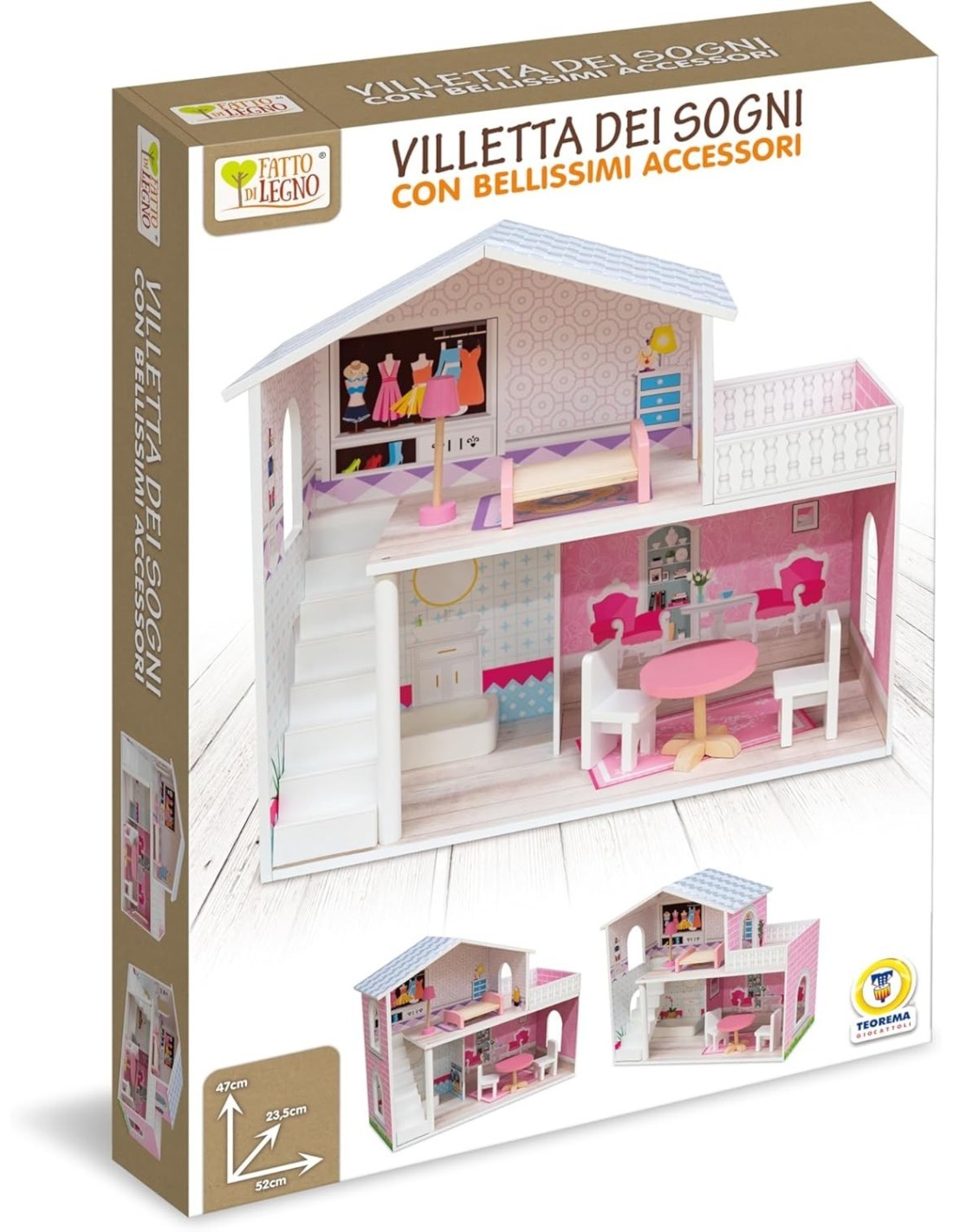 VILLETTA DEI SOGNI IN LEGNO, CASA DELLE BAMBOLE, CON TANTI ACCESSORI, ALTEZZA 47 CM, TEOREMA