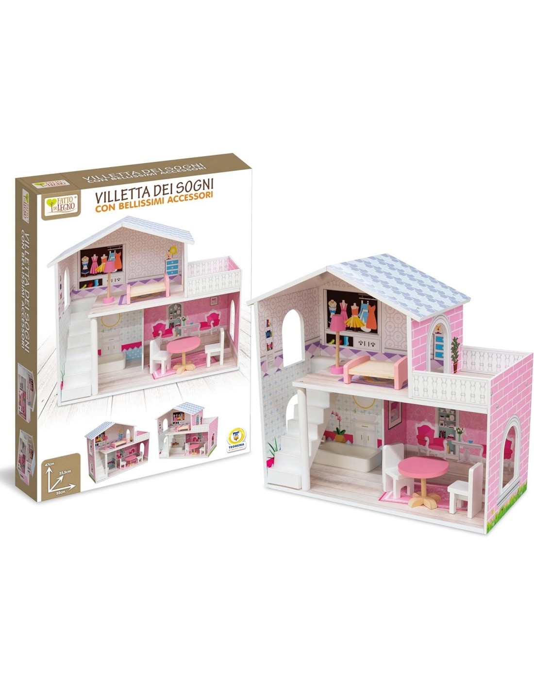 VILLETTA DEI SOGNI IN LEGNO, CASA DELLE BAMBOLE, CON TANTI ACCESSORI, ALTEZZA 47 CM, TEOREMA