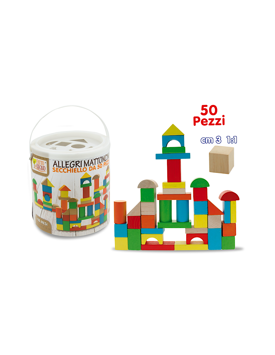 FATTO DI LEGNO - ALLEGRI MATTONCINI 50PZ IN LEGNO, GIOCATTOLO EDUCATIVO