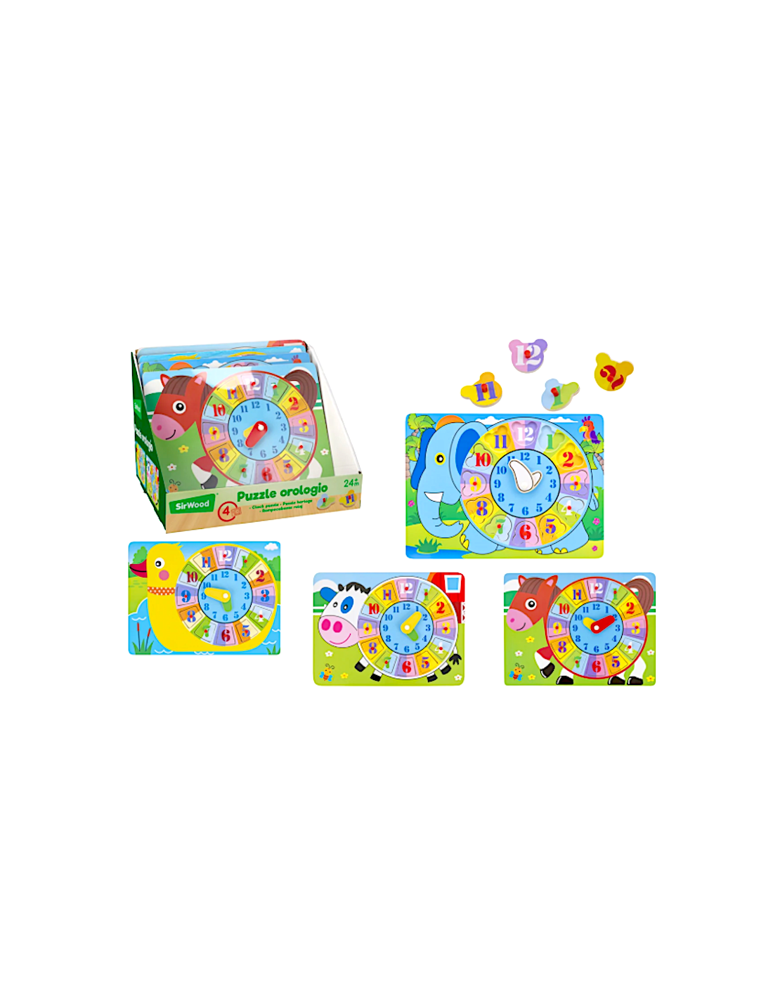 PUZZLE OROLOGIO IN LEGNO, 4 ASSORTITI, 30X22,5 CM, GIOCO EDUCATIVO, ANIMALI, ASSORTITO