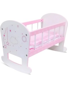 CULLA PER BAMBOLE ROSA A DONDOLO, LETTINO GIOCATTOLO IN LEGNO, MATERASSINO,  E CUSCINO, DECORATA CON STELLE, FATTO DI LEGNO 2