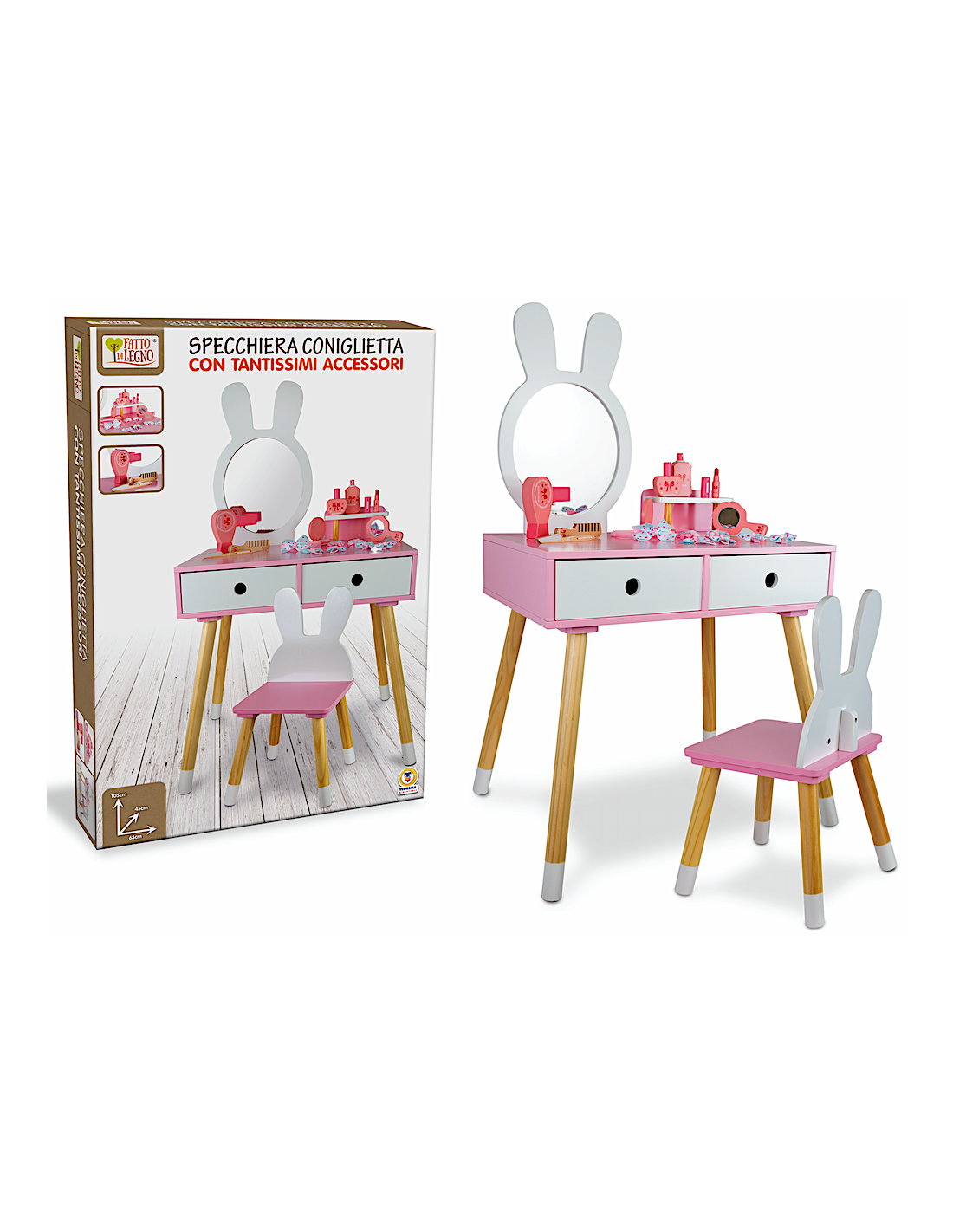 SPECCHIERA CONIGLIETTA IN LEGNO, TAVOLINO E SEDIA PER BAMBINI, 3+ ANNI, GIOCO EDUCATIVO, FATTO DI LEGNO - GIOCO EDUCATIVO