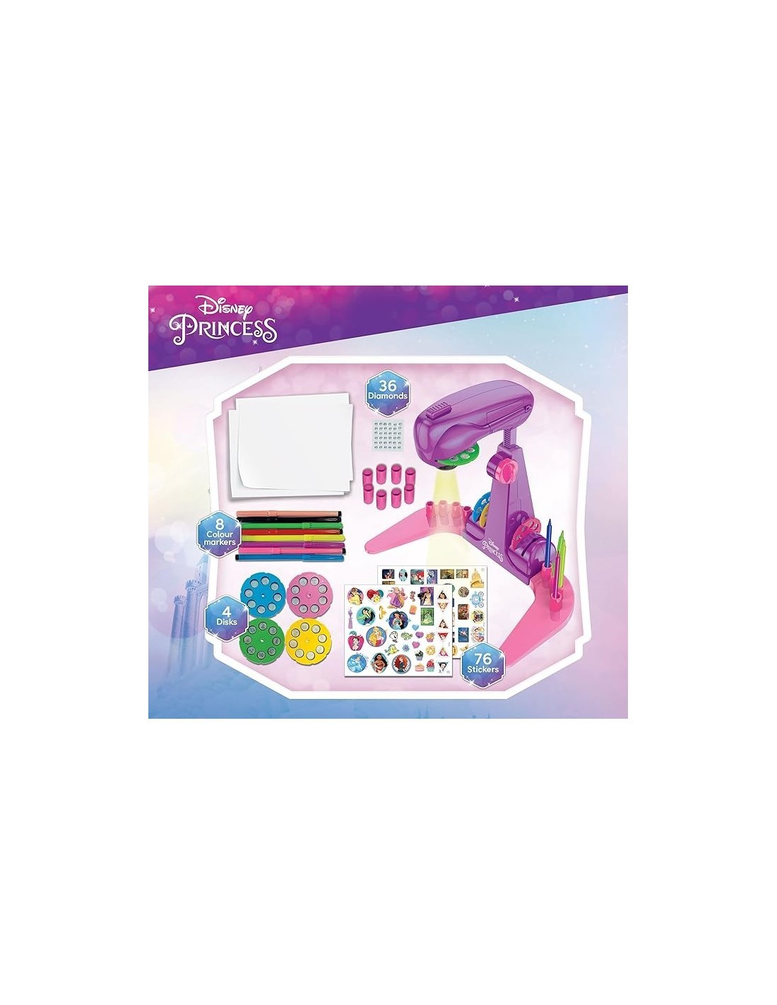 Lisciani Giochi, Princess Projector Drawing School, Proiettore per Disegno, 4 Dischi, 8 Pennarelli, Multicolore
