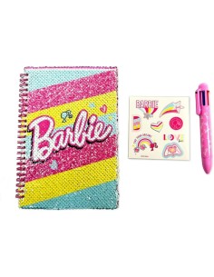 BARBIE MY NOTEBOOK, QUADERNO CON PAILLETTES REVERSIBILI, 15X21 CM, PAGINE A RIGHE E BIANCHE, STICKERS E PENNA MULTICOLOR