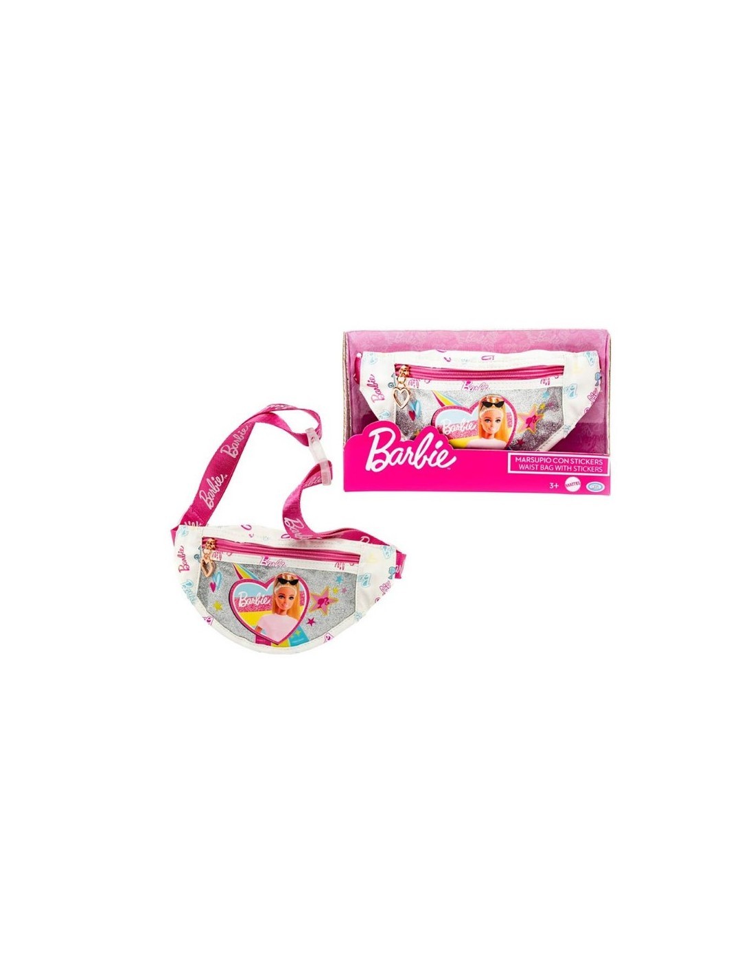 BARBIE MARSUPIO BAMBINE, TASCA FRONTALE CON CERNIERA, CINTURA REGOLABILE, ECOPELLE, CON STICKERS, +3 ANNI