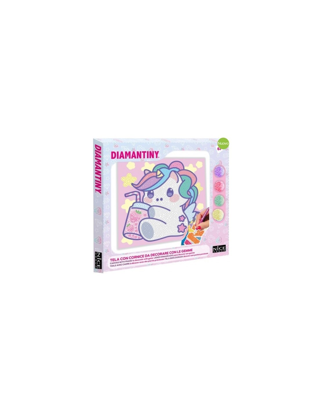 DIAMANTINY – Design Art Kawaii Unicorno con Bevanda su Tela 21x21 cm