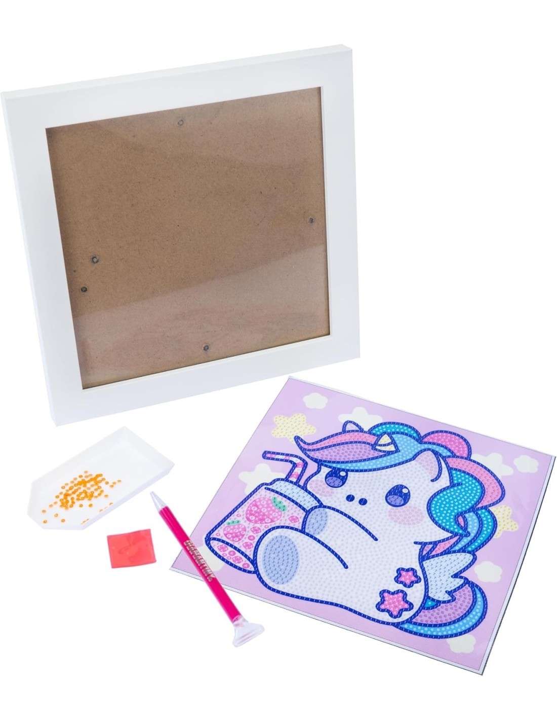 DIAMANTINY – Design Art Kawaii Unicorno con Bevanda su Tela 21x21 cm