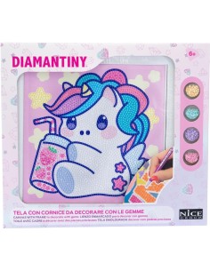 DIAMANTINY – Design Art Kawaii Unicorno con Bevanda su Tela 21x21 cm