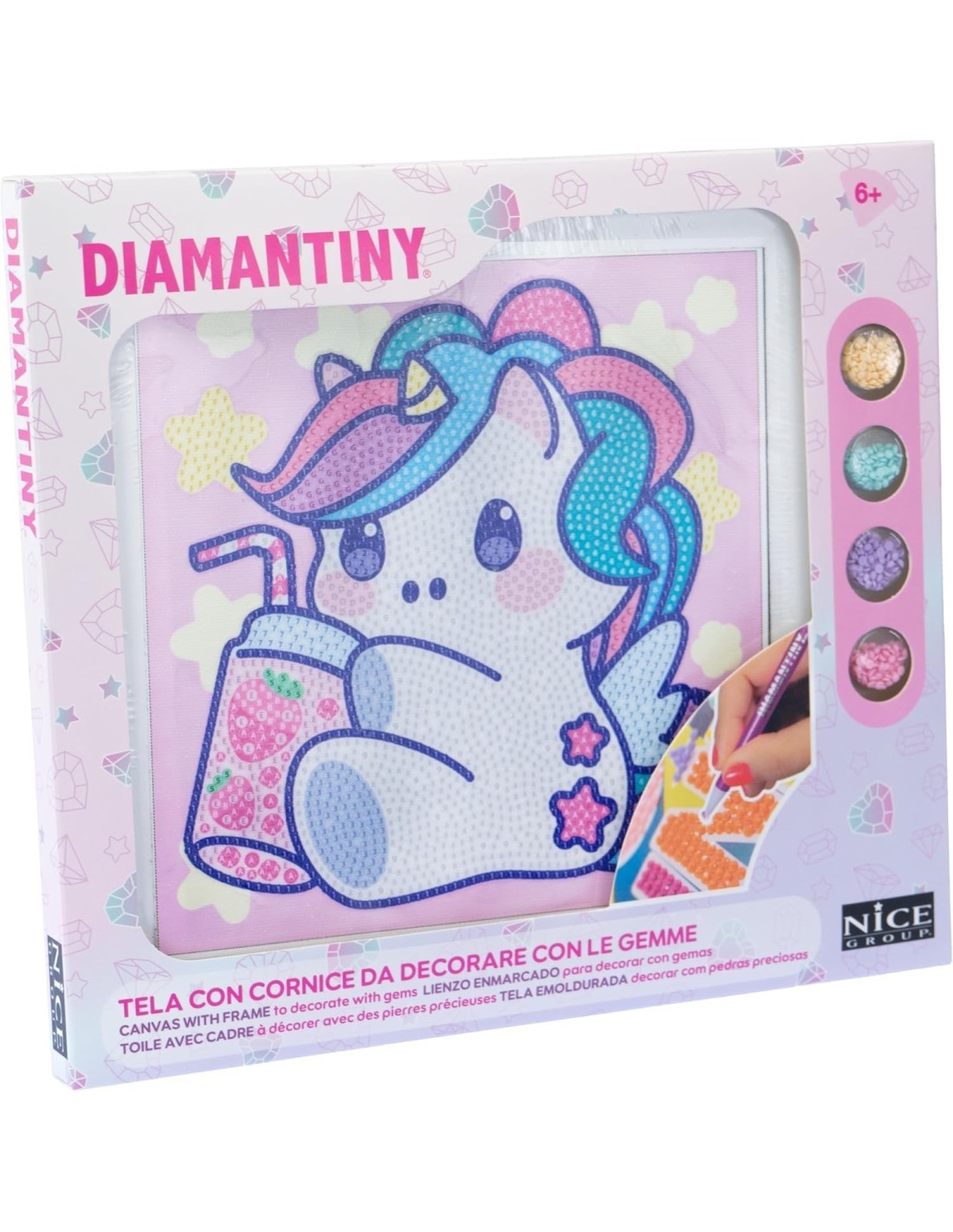 DIAMANTINY – Design Art Kawaii Unicorno con Bevanda su Tela 21x21 cm