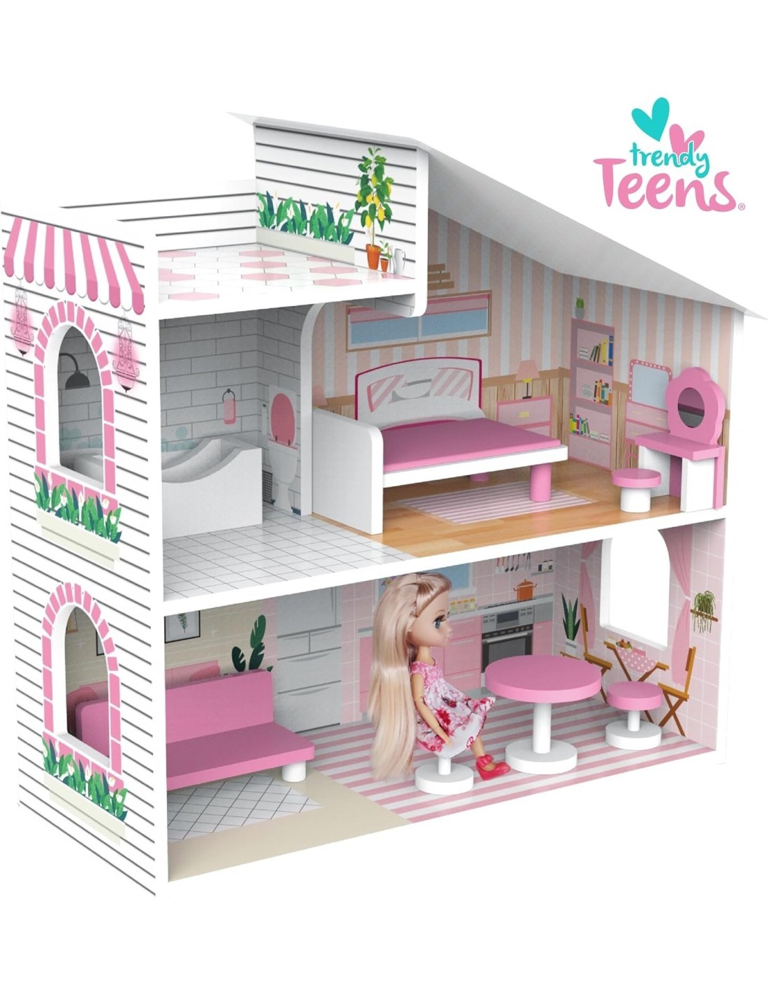 TRENDY TEENS, CASA DELLE BAMBOLE IN LEGNO 48X24X48CM, 2 LIVELLI CON ACCESSORI E BAMBOLA INCLUSA