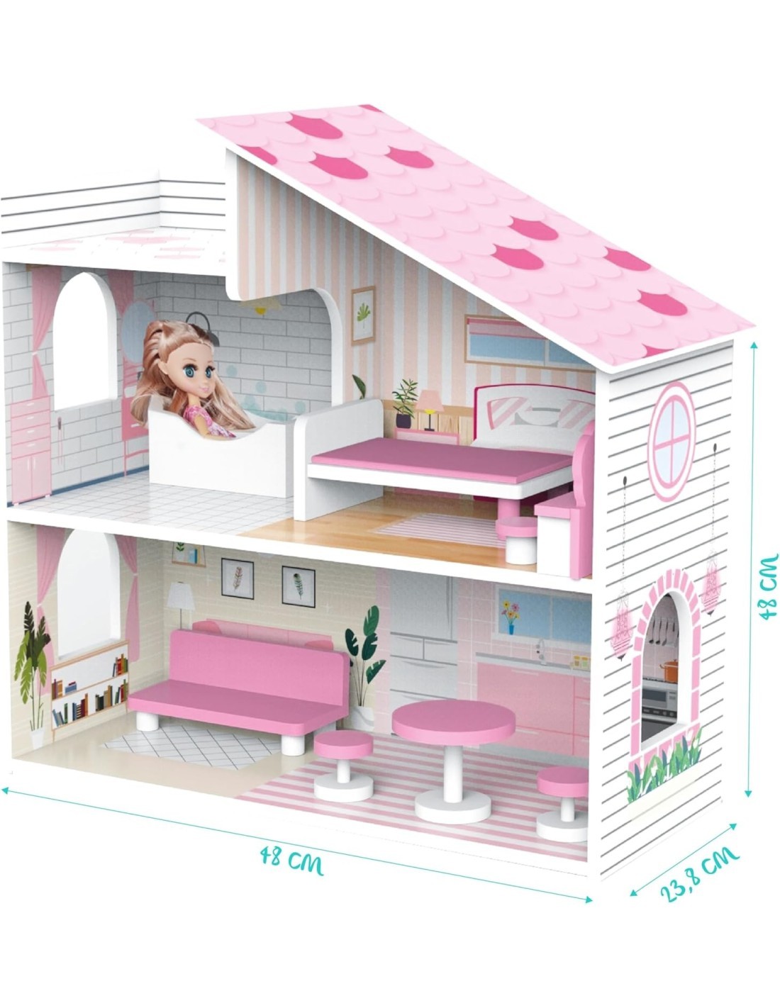 TRENDY TEENS, CASA DELLE BAMBOLE IN LEGNO 48X24X48CM, 2 LIVELLI CON ACCESSORI E BAMBOLA INCLUSA