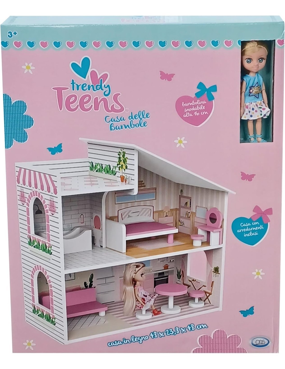 TRENDY TEENS, CASA DELLE BAMBOLE IN LEGNO 48X24X48CM, 2 LIVELLI CON ACCESSORI E BAMBOLA INCLUSA