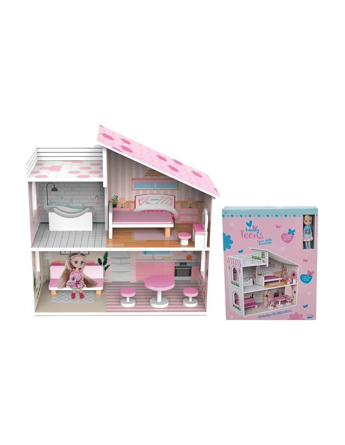 TRENDY TEENS, CASA DELLE BAMBOLE IN LEGNO 48X24X48CM, 2 LIVELLI CON ACCESSORI E BAMBOLA INCLUSA