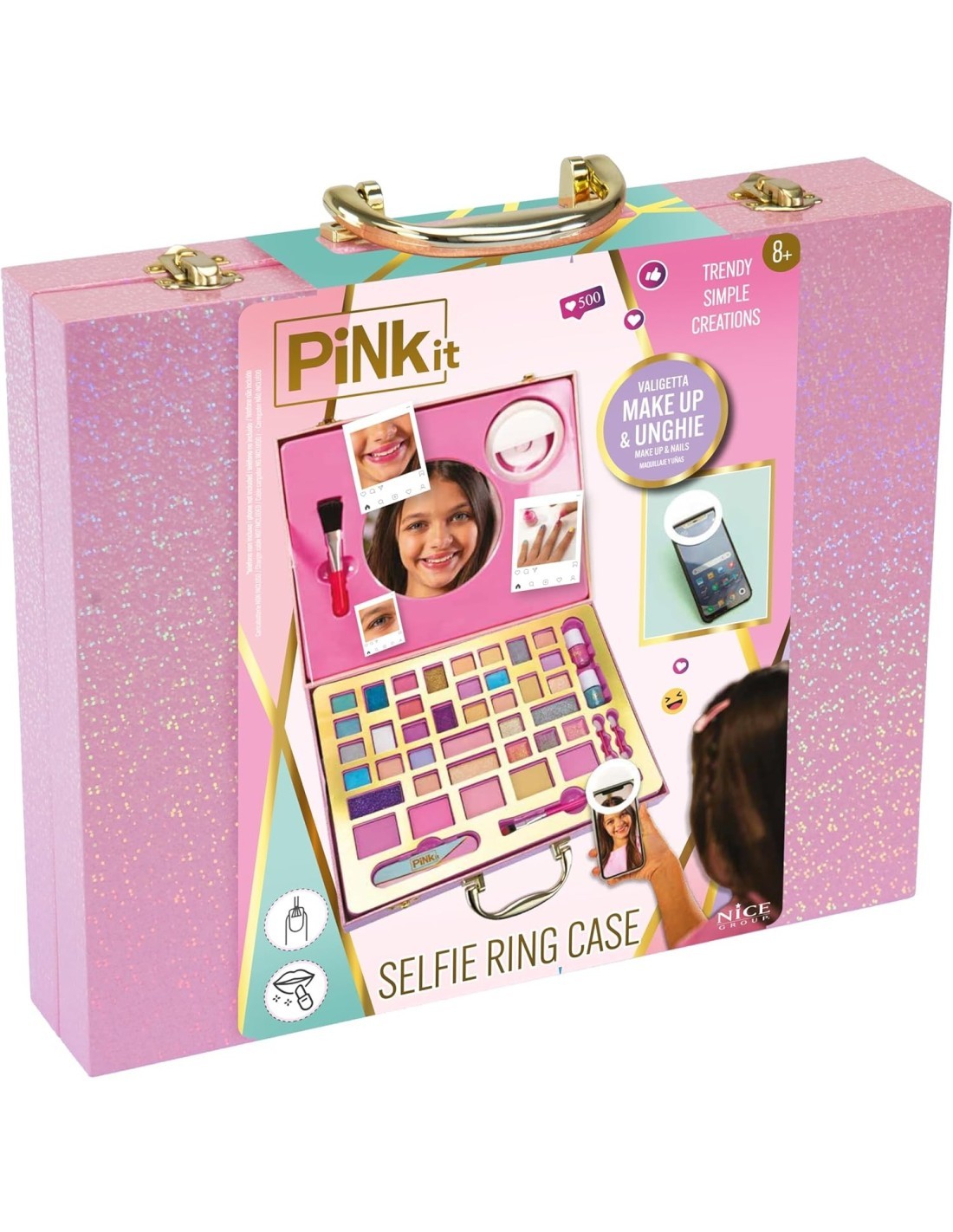 PINKIT Selfie Ring Suitcase – Valigetta Make Up con Specchio e Anello Luminoso per Selfie