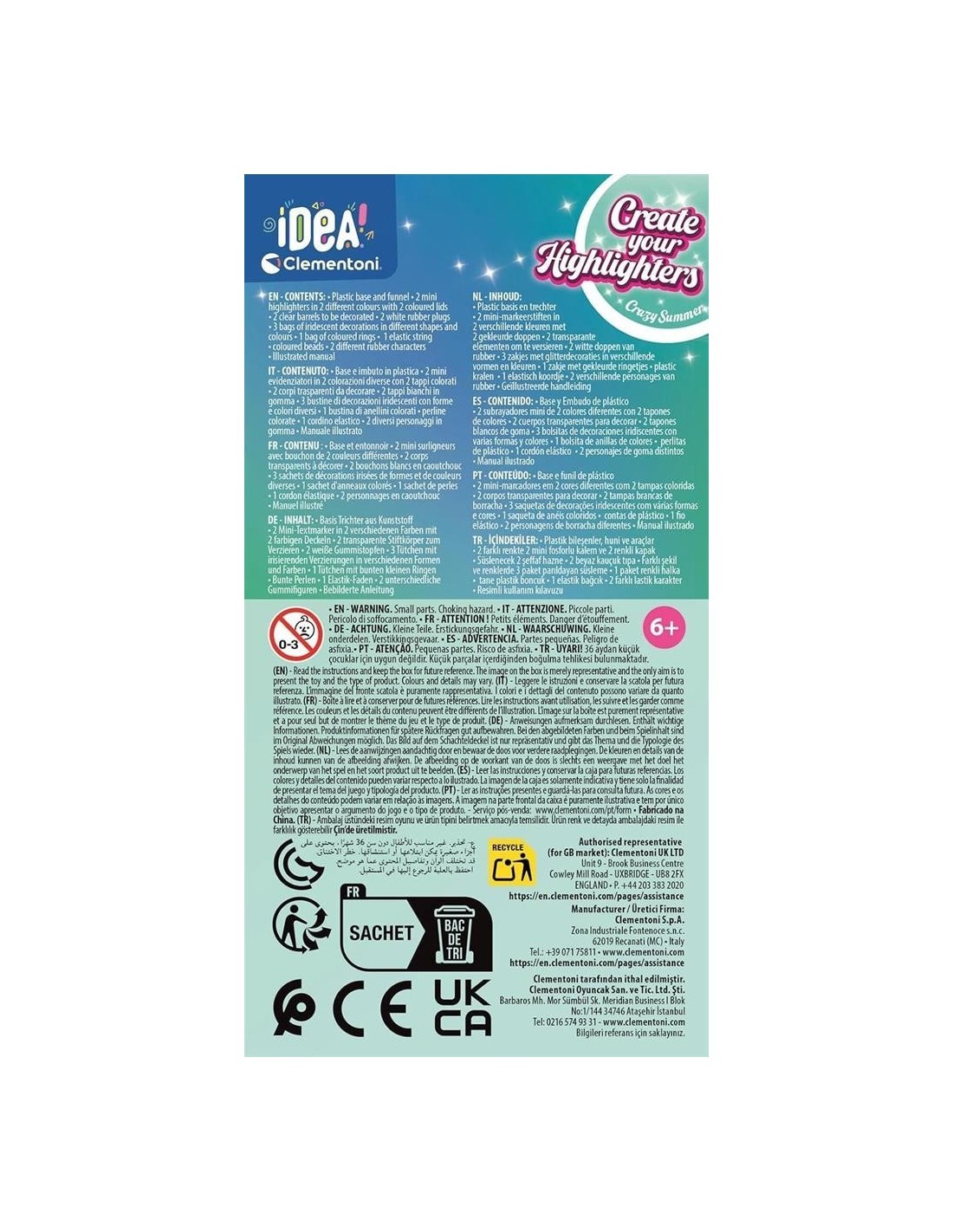 CLEMENTONI IDEA, CREATE YOUR HIGHLIGHTERS CRAZY SUMMER, LABORATORIO EVIDENZIATORI PERSONALIZZATI, KIT CREATIVO, ASSORTITO