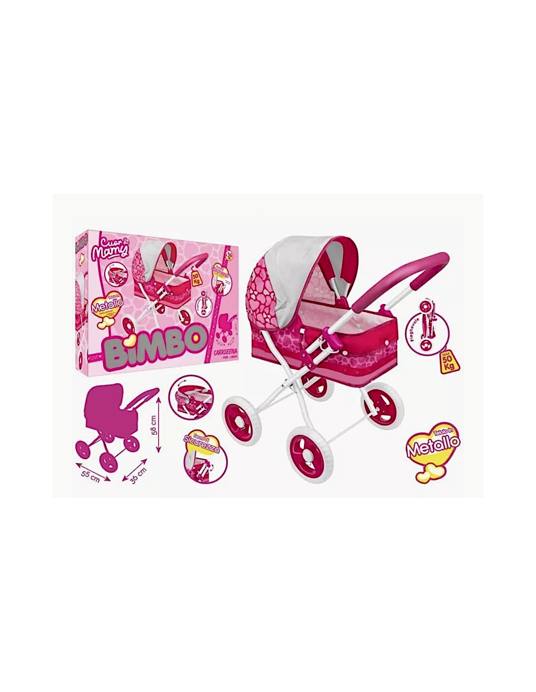 CARROZZINA IN METALLO PORTATA FINO A 50KG CON PARASOLE, RICHIUDIBILE, BIMBO 42492