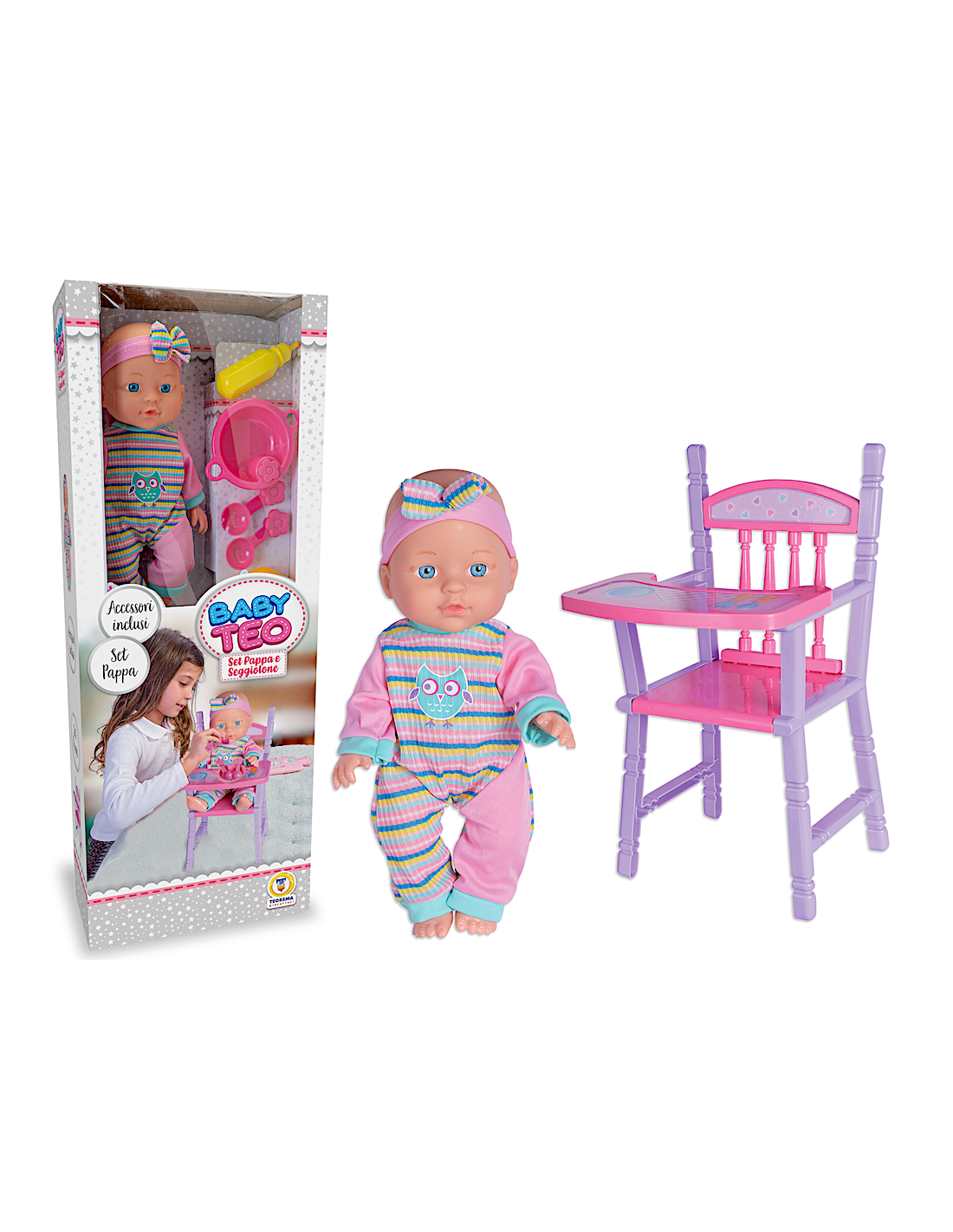 BABY TEO - BAMBOLA BEBE' CON SEGGIOLONE ED ACCESSORI