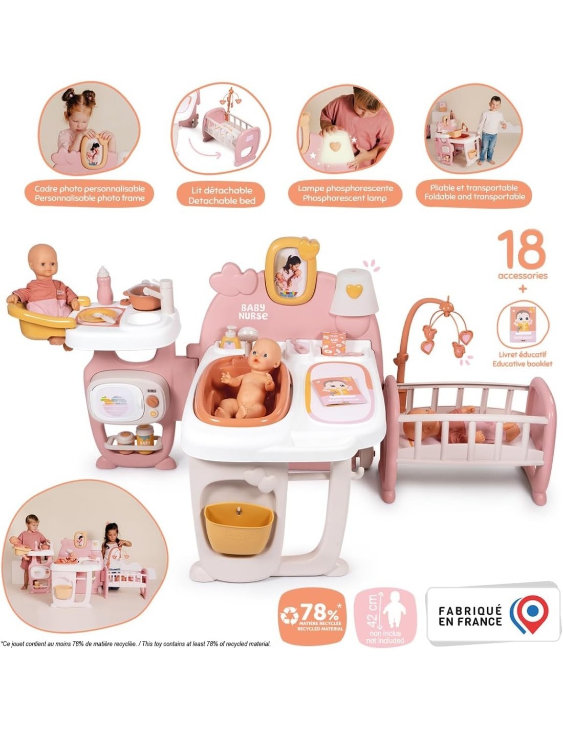 SMOBY, BABY NURSE CASETTA GRANDE PER NEONATI, 3 AREE GIOCO, 19 ACCESSORI, PIEGHEVOLE, TRASPORTABILE, GIOCO 3+