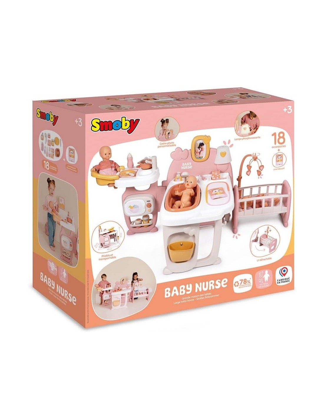 SMOBY, BABY NURSE CASETTA GRANDE PER NEONATI, 3 AREE GIOCO, 19 ACCESSORI, PIEGHEVOLE, TRASPORTABILE, GIOCO 3+