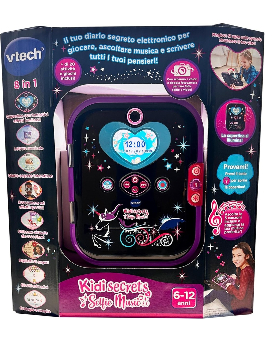 KIDISECRETS SELFIE MUSIC 2.0 BLACK, DIARIO SEGRETO INTERATTIVO, DOPPIA FOTOCAMERA E MP3, 6+ ANNI