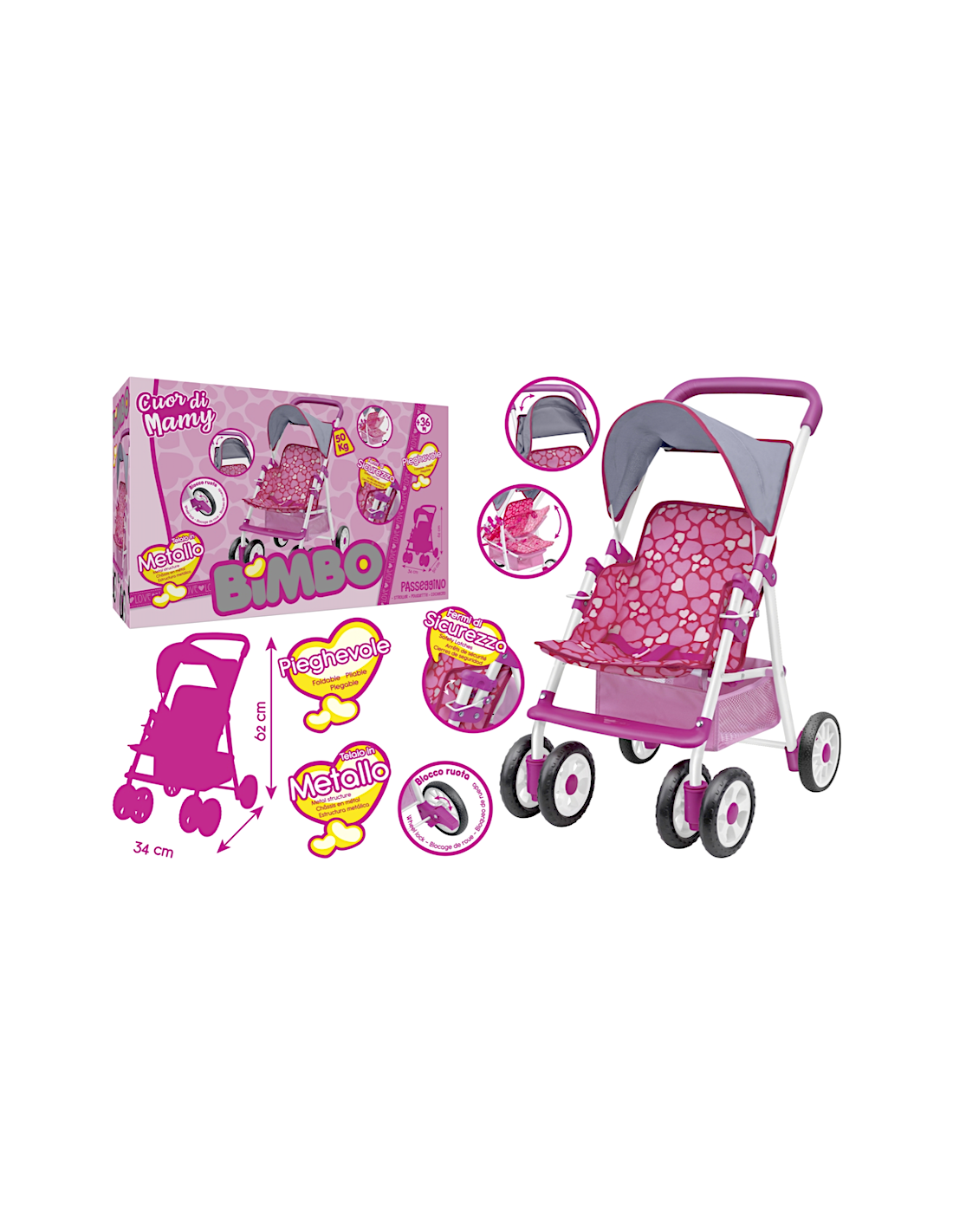 PASSEGGINO IN METALLO 34X50X62CM PIEGHEVOLE CON PARASOLE, GIOCO BAMBINI