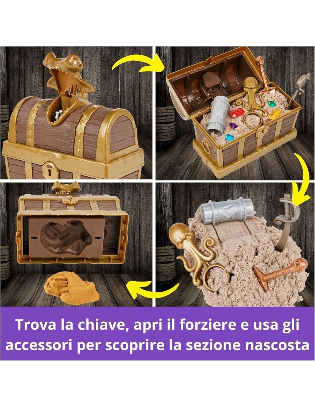 Kinetic Sand, Playset Caccia al Tesoro con Sabbia Dorata e Marrone, 9 Tesori Nascosti, Gioco per Bambini 3+ Anni