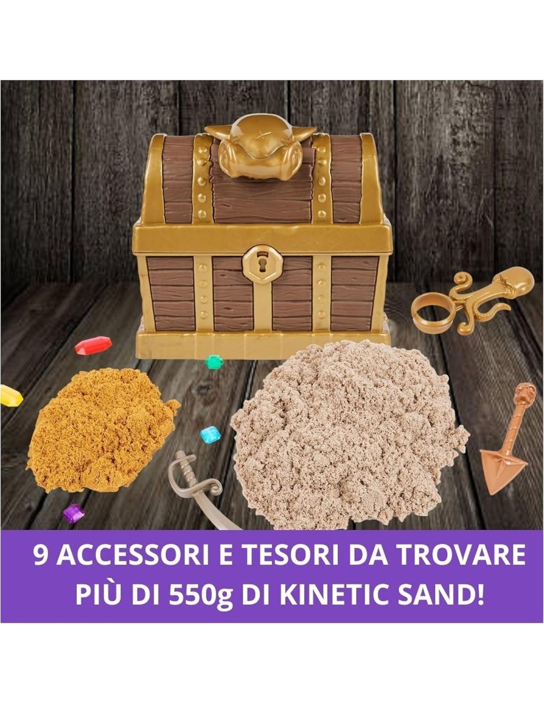 Kinetic Sand, Playset Caccia al Tesoro con Sabbia Dorata e Marrone, 9 Tesori Nascosti, Gioco per Bambini 3+ Anni