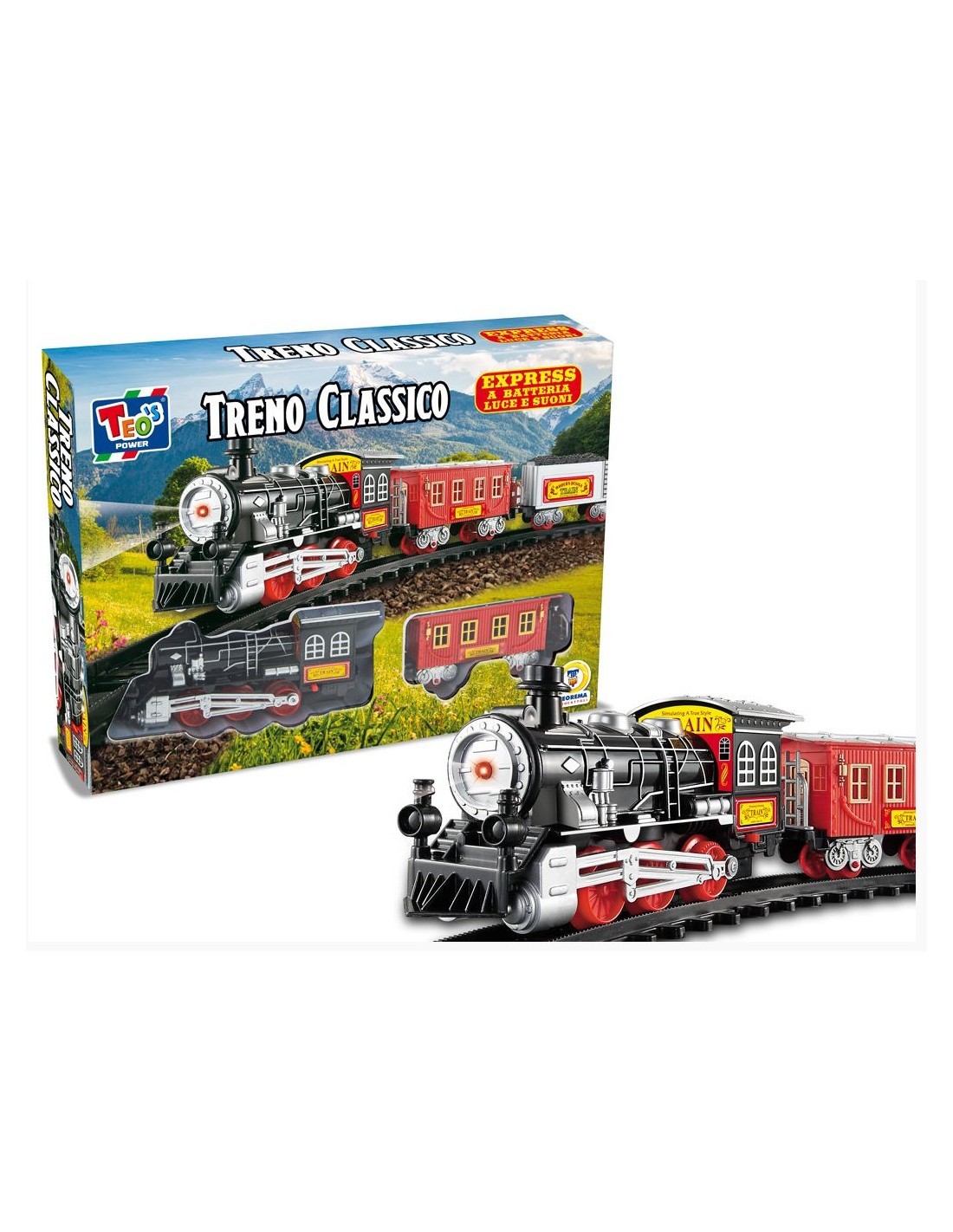 TEO S  PISTA TRENO CLASSICO 105CM LUCI E SUONI, GIOCATTOLO BAMBINI, TRENO ELETTRICO