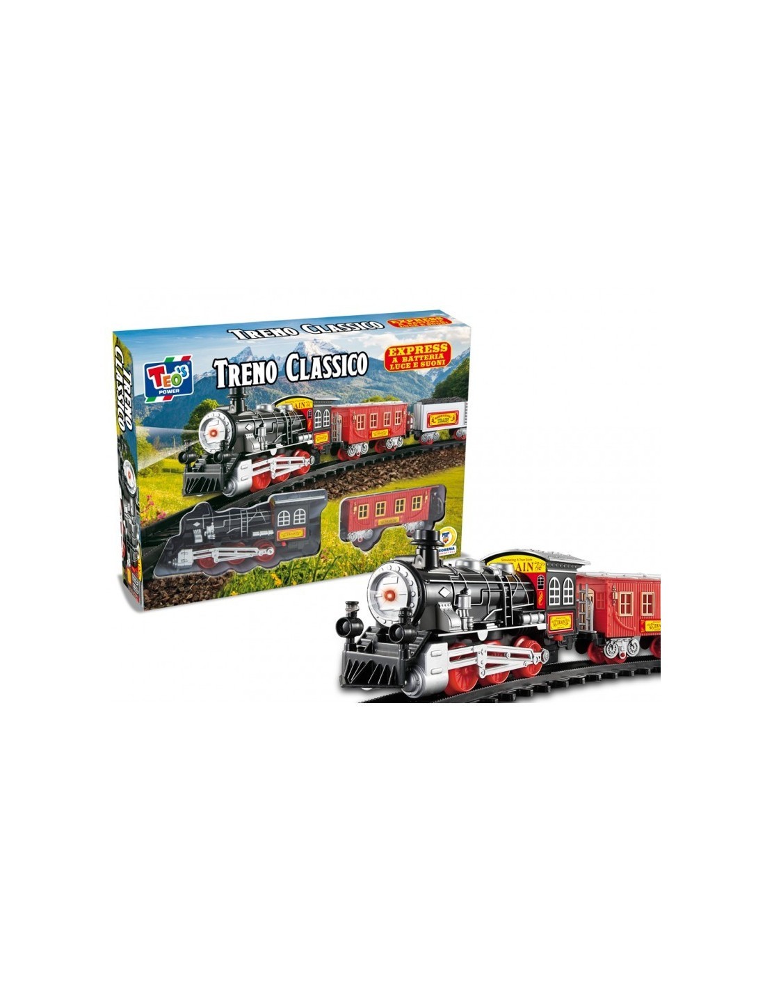 TEO S  PISTA TRENO CLASSICO 105CM LUCI E SUONI, GIOCATTOLO BAMBINI, TRENO ELETTRICO