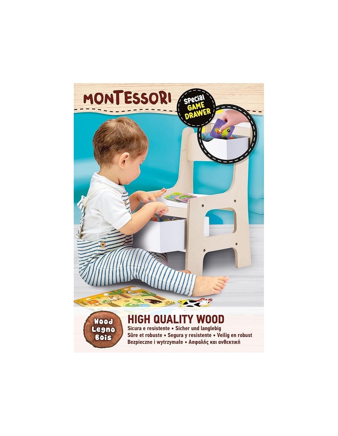 Montessori Wood Toy Box Chair, Sedia in Legno con Cassetto Portagiochi, Gioco Educativo Montessori, Sedia Sicura e Resistente