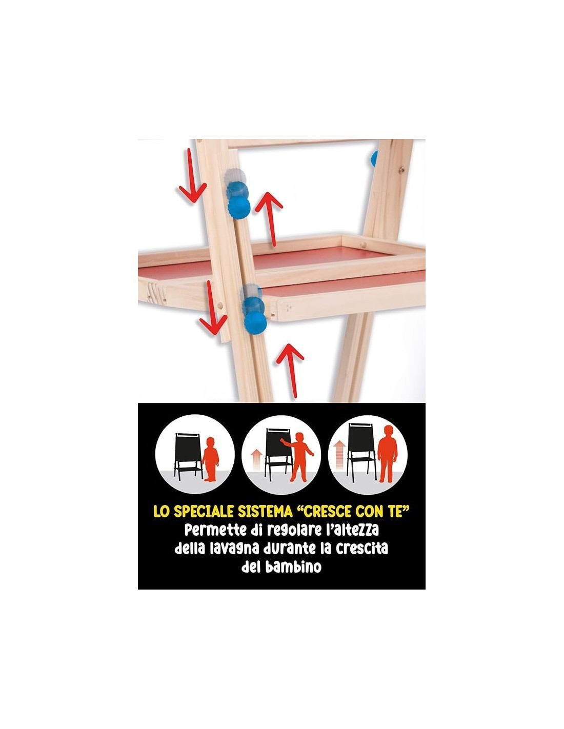 Montessori Lavagnona Legno Cresce con Te, kit lettere magnetiche, gessi, penna scrivi e cancella, Età 3+