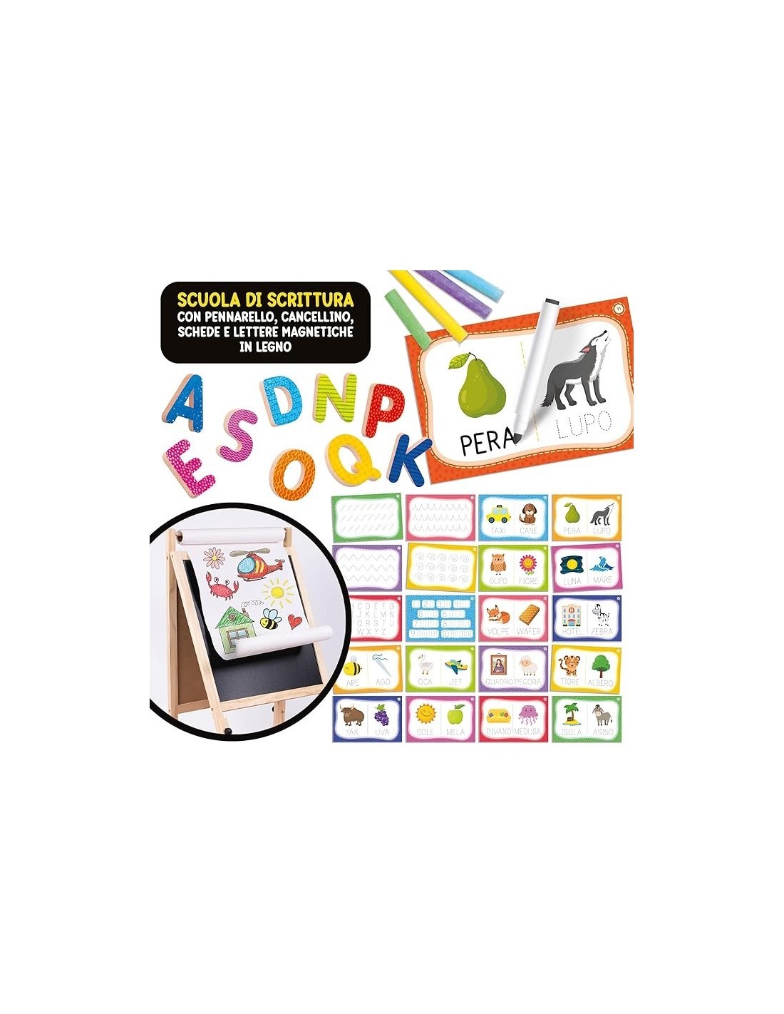 Montessori Lavagnona Legno Cresce con Te, kit lettere magnetiche, gessi, penna scrivi e cancella, Età 3+