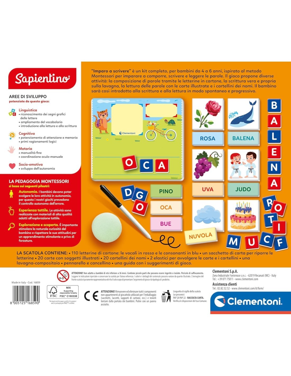 Sapientino Montessori Clementoni – Imparo a Scrivere per Bambini 4-6 Anni con Lavagna e Lettere Sagomate