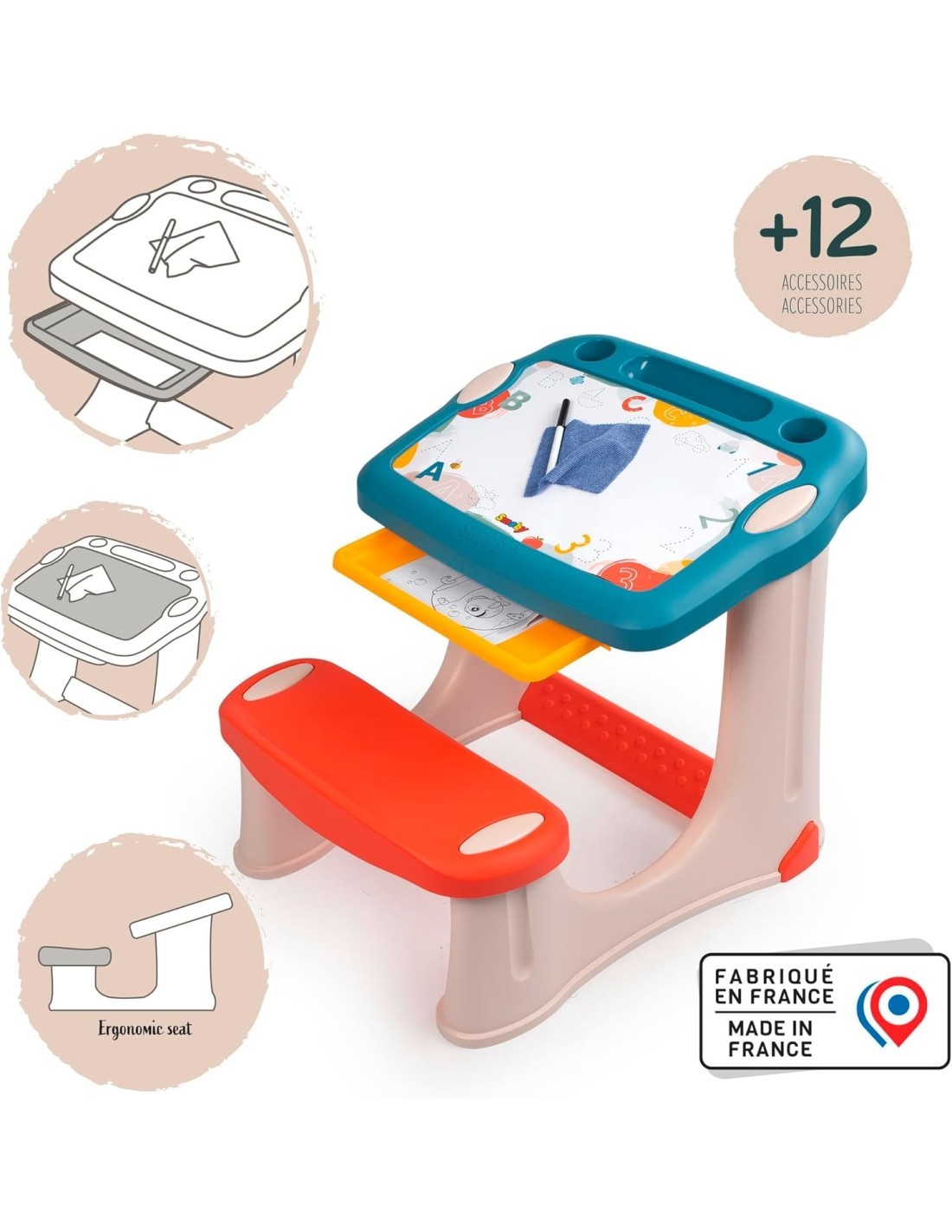 SMOBY, MAGIC DESK SCRIVANIA PER BAMBINI, PENNARELLO CANCELLABILE, 3 SPAZI PORTAOGGETTI, CASSETTO SCORREVOLE, 12 ACCESSORI, 2+