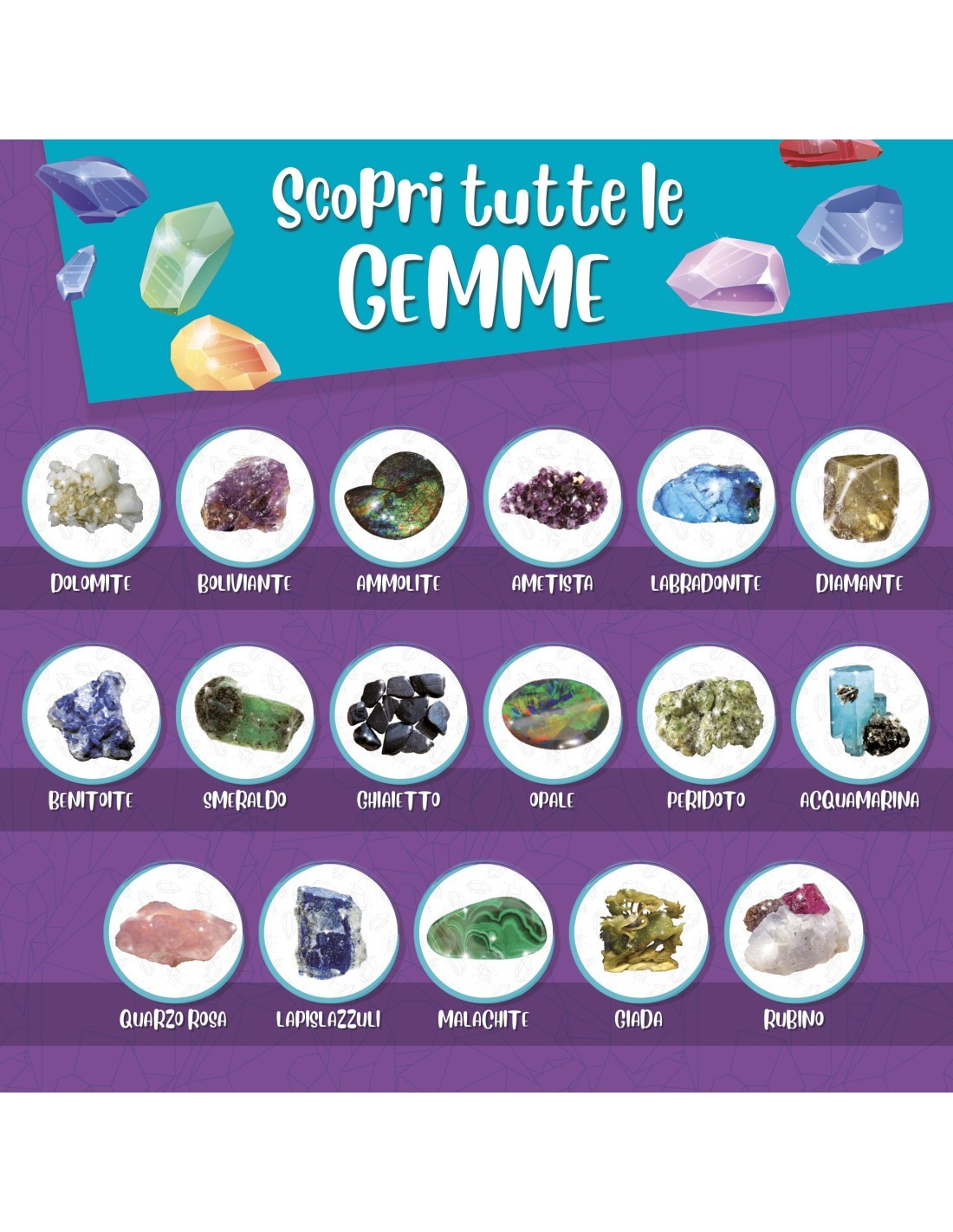 I'M GENIUS GEMME DA TUTTO IL MONDO KIT SCIENTIFICO, SCOPERTA MINERALI, BLOCCO DI GESSO, ATTREZZI, POSTER DIDASCALICO