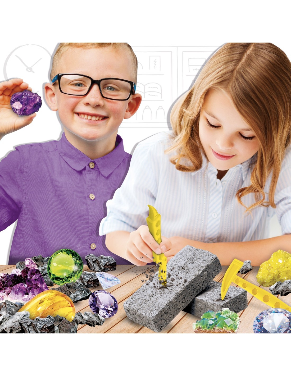 I'M GENIUS GEMME DA TUTTO IL MONDO KIT SCIENTIFICO, SCOPERTA MINERALI, BLOCCO DI GESSO, ATTREZZI, POSTER DIDASCALICO