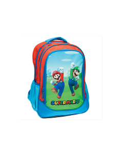 ZAINO GRANDE SUPERMARIO, 45X31X15 CM, 2 SCOMPARTI, TASCHE ZIP, TASCHE LATERALI, SCUOLA, BAMBINI