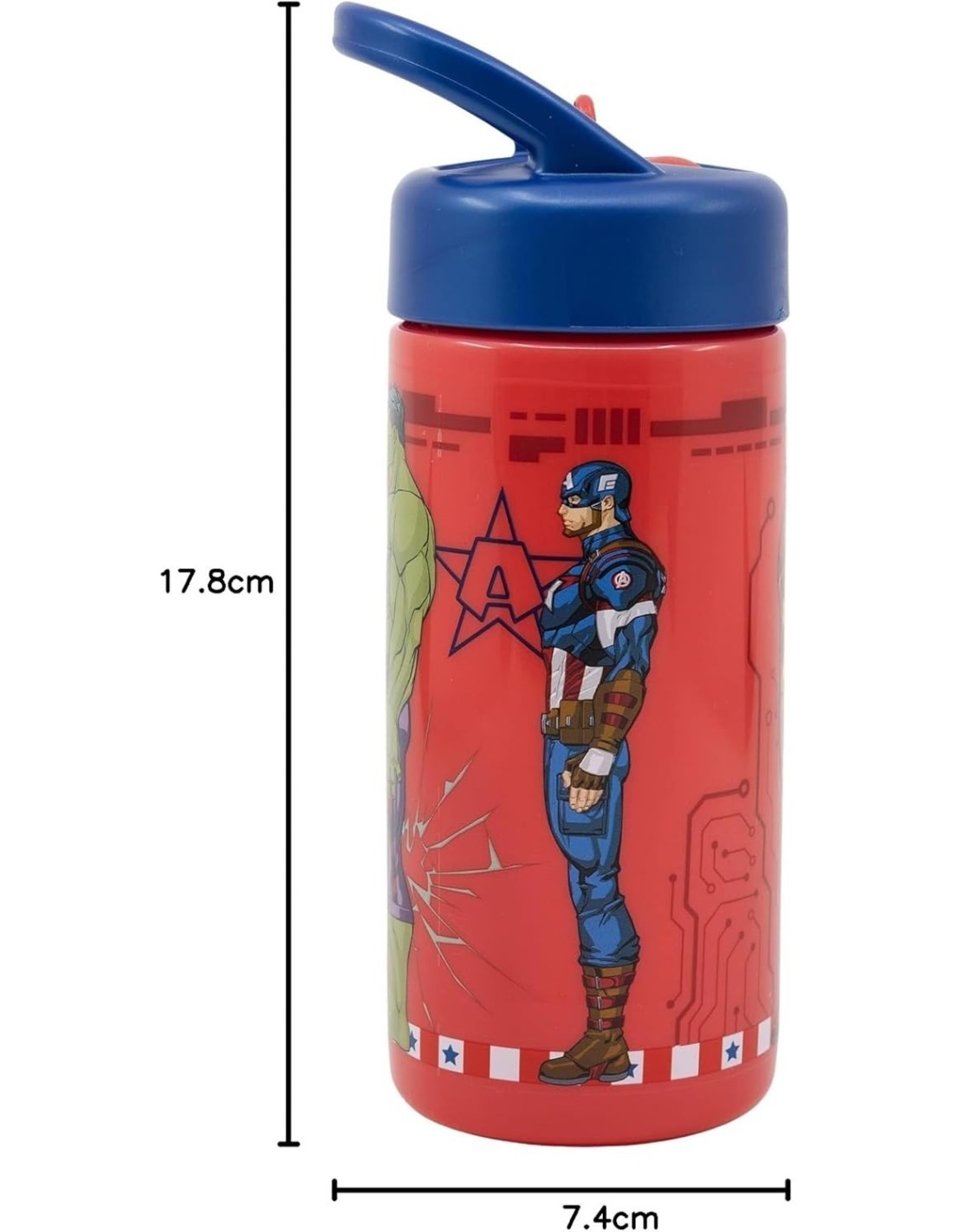 BORRACCIA IN PP 420ML CON CANNUCCIA AVENGERS 17, 8X7, 4 CM PER SCUOLA, BAMBINI